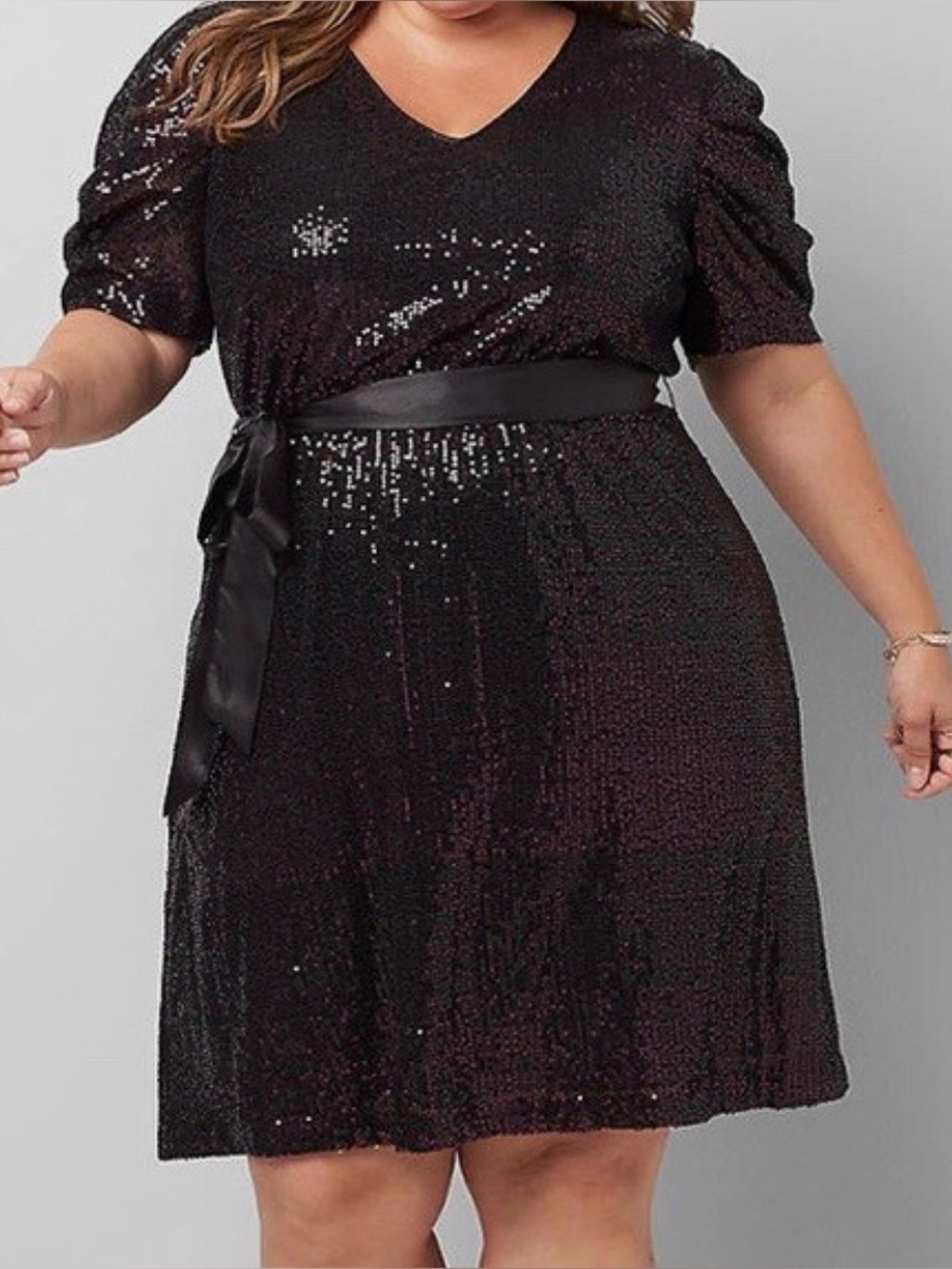 Lane Bryant Purple & Black Sequin V-Neck Party Dress w/ Satin Waist Tie